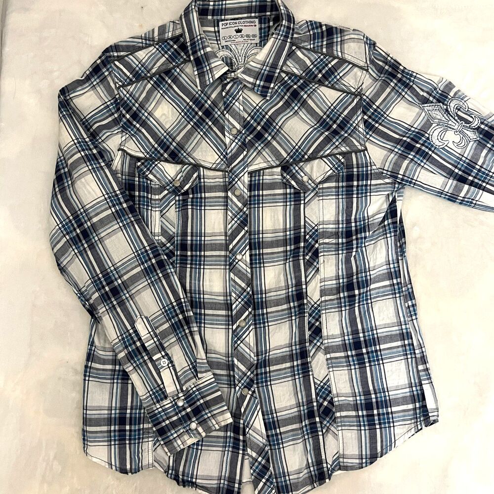 Pop Icon BKE Buckle Mens Shirt L Pearl Snap Western